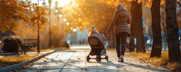 mother pushing her child's stroller on a crisp autumn day with fallen leaves. banner - obrazy, fototapety, plakaty