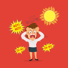 Hand drawn irritable woman in hot weather on a hot day. Flat, Poster, Vector, Illustration, Cartoon, EPS10. 