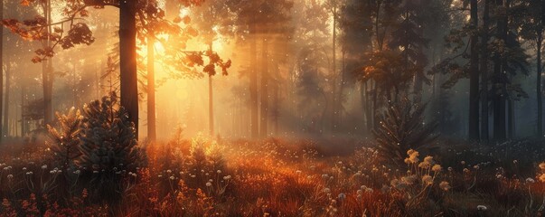 Obraz na płótnie Canvas Majestic sunrise breaking through the mist in a dense pine forest creating a serene atmosphere