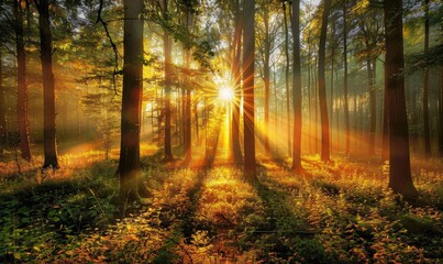 Enchanting forest scenery with sunbeams piercing through the mist and trees