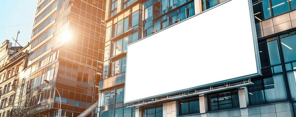 Large blank billboard ready for advertising content with cityscape background, surrounded by modern buildings and greenery