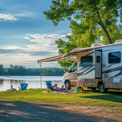 Escape to nature with a luxurious RV parked by a tranquil lake, where a family enjoys a picnic under the extended awning. Observe the glowing radioactivity in HDR. AI generative enhances realism. - obrazy, fototapety, plakaty