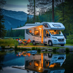 Enjoy a luxurious RV parked by a tranquil lake, with an extended awning shading a family picnic. Witness the glowing radioactivity in this HDR image. AI generative enhances scenic beauty. - obrazy, fototapety, plakaty