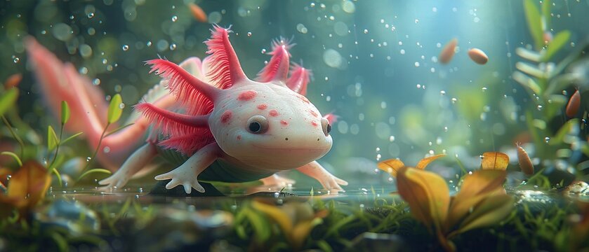 A cartoon axolotl floating in a clean, vibrant aquarium, highlighting the importance of habitat protection , high resolution DSLR