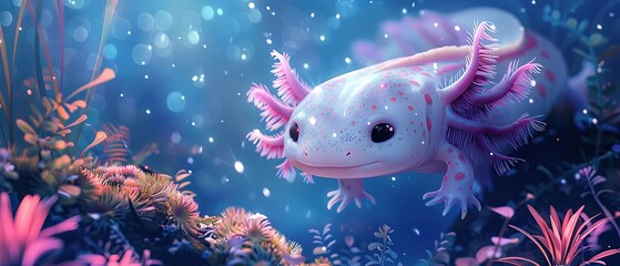 A cartoon axolotl floating in a clean, vibrant aquarium, highlighting the importance of habitat protection 