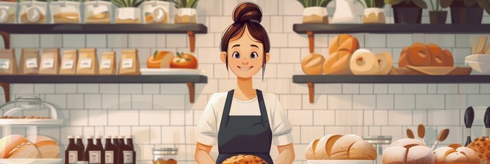 Woman bread seller smiles behind the counter in a cozy private bakery store. Different types of craft bread and pastries on store shelves. Small business concept for craft baked goods. Banner