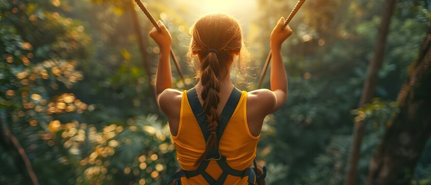 Excited young woman ziplining through dense forest canopy with laughter echoing. Concept Outdoor Adventure, Ziplining, Forest Canopy, Excitement, Laughter