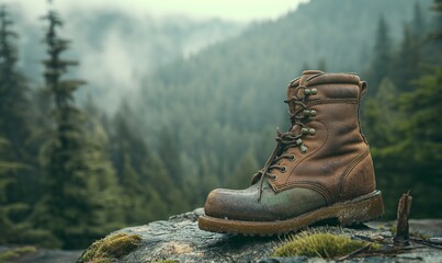 pacific northwest boot bison leather sideview, forest in the background