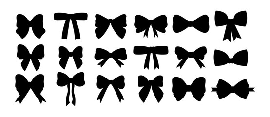 Collection of bows in hand drawn style in black. Item of decoration and wardrobe. Tie. Vector illustration. Doodle. holiday and celebration. Isolated. White background. Knot. Set of Gift ribbon black 
