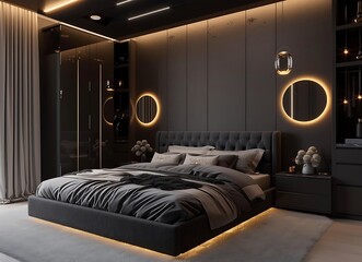 Modern bedroom interior design, black and gray color scheme, large bed with headboard, white carpet on the floor, wardrobe with round mirrors hanging above it, illuminated by warm lighting - Powered by Adobe