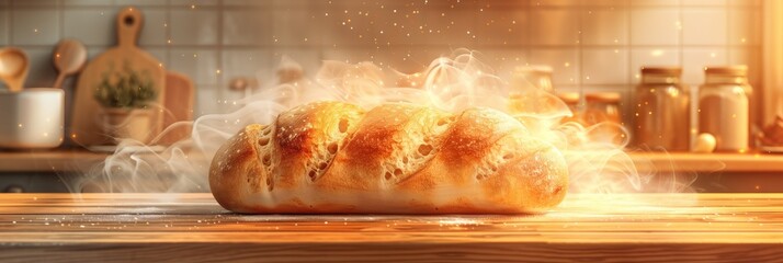 A loaf of freshly baked fragrant craft bread with smoke on the kitchen table. Banner, homemade bread concept - obrazy, fototapety, plakaty