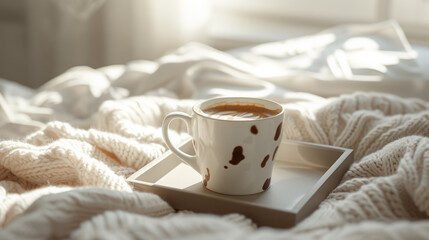 Morning coffee cup with a cow print on a tray in bedding - obrazy, fototapety, plakaty