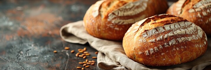 Ruddy craft bread on a linen tablecloth. Toasted, fluffy artisan bread. Banner with place for text. Craft bread concept