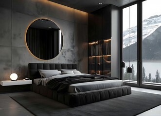 Modern bedroom interior design, large bed with black fabric headboard and gray concrete walls