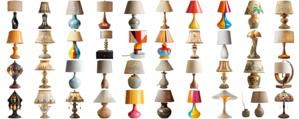 Big collection set of lamp in various styles retro vantage and modern bedside nightstand lighting different table lamp for interior decoration furniture element, isolated on transparent background