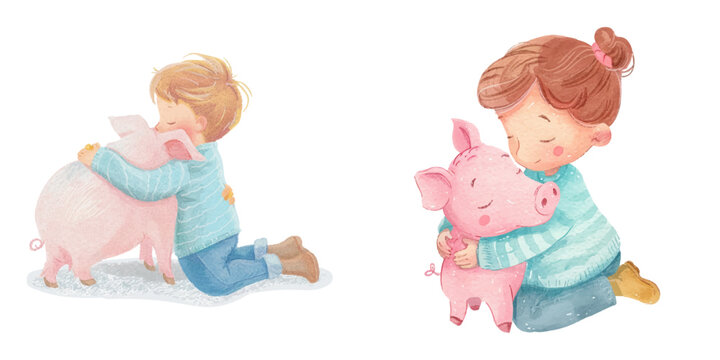 cute kid with pig watercolor vector illustration