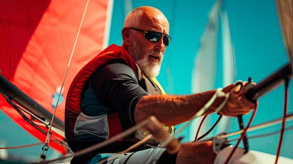 Rolgordijnen A man in a life jacket is steering a sailboat © StasySin