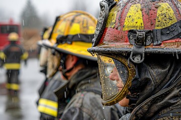 Close up Portrait of Firefighters in Protective Gear at Emergency Site with Focus on Foreground