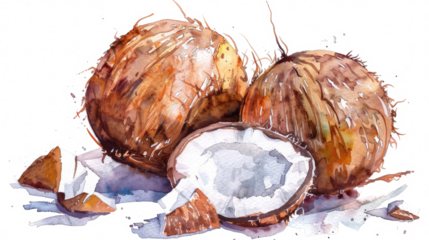 coconuts in watercolor drawing isolated on white or transparent