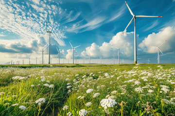 Behold the serene view of windmills on a grassy field in Holland, showcasing the harmony between technology and nature. AI generative processes elevate landscape photography. - obrazy, fototapety, plakaty