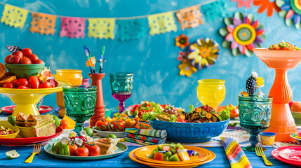 A colorful party table with Mexican decorations, a banner of paper bunting in the background, Mexican food on plates and some colorful glassware. Cinco de mayo. The day of the dead. Dia de los Muertos