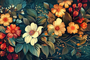 Beautiful illustration of flowers in style of folk art, with vibrant colors against a dark background, featuring highly detailed leaves. Colorful, bright and delicate. - obrazy, fototapety, plakaty
