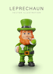 Smiling leprechaun smokes pipe and drinks cider. Vertical poster on green background