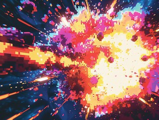 A closeup of a pixelated explosion from a retro space shooter, rendered in Pop Art style with...