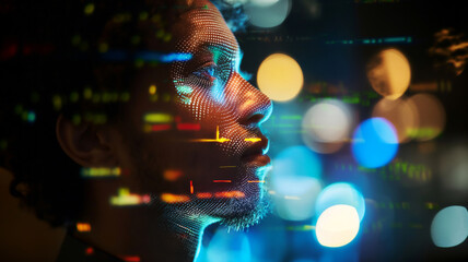 A man's profile with digital pixels and data visualization overlay, symbolizing AI and technology.