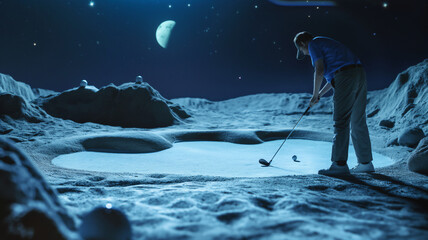 Person plays golf on a moon-like terrain under a starry sky with a planet visible.