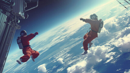 Astronauts in red suits float in space above Earth, exiting a spacecraft. - obrazy, fototapety, plakaty