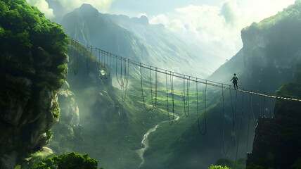 Person crossing a precarious bridge in a lush, mountainous landscape.