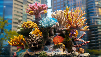 Vibrant coral reef display in an aquarium with city backdrop.