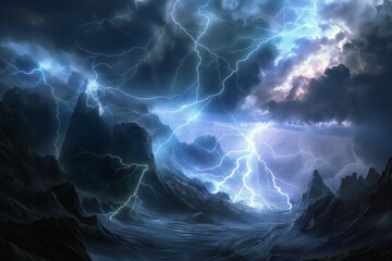 a powerful, wonderful scene of thunder and lightning  generative ai - obrazy, fototapety, plakaty