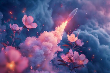 Fototapeta na wymiar Rocket taking off leaves behind clouds leaving a trail of spring flowers with crown petals, a symbol of peace and tranquility