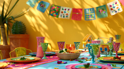 Fototapeta na wymiar A colorful party table with Mexican decorations, a banner of paper bunting in the background, Mexican food on plates and some colorful glassware. Cinco de mayo. The day of the dead. Dia de los Muertos