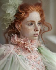 Portrait of a red hair bride wearing a vintage weeding costume, natural beauty, sensitive skin with freckles