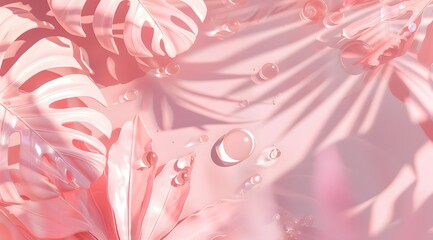 Bubbles and shadows of tropical leaves on the pale paper surface, pastel pink exotic summer background.	
