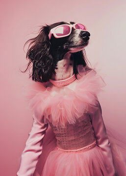
A dog with brown hair and long ears dressed as an elegant lady in a pastel pink dress, creative pet portrait