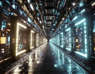 Fototapeta premium Abstract cycled background 3d animation, neon tunnel with rotating square frames.