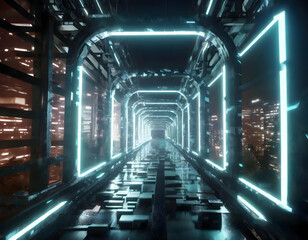 Abstract cycled background 3d animation, neon tunnel with rotating square frames.