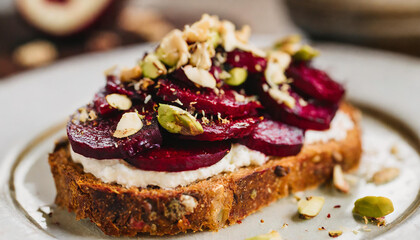 Toasted bread with vegan cream cheese with roasted beets slices and sprinkle of chopped pistachios.