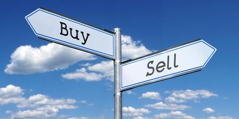 Fototapeta premium Buy or sell - metal signpost with two arrows