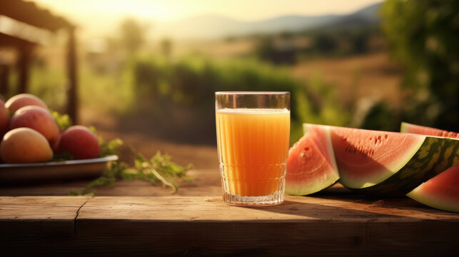 Glasses of fresh green melon and watermelon and fruits on desk and summer landscape of orange garden with sun light. Generative AI