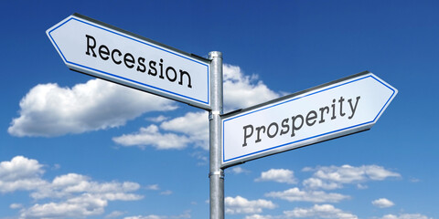 Fototapeta premium Prosperity or recession - metal signpost with two arrows