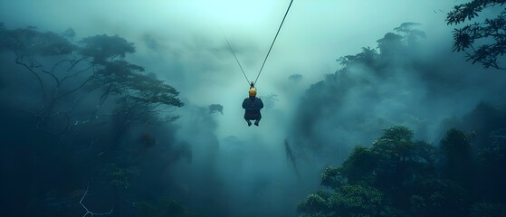 Man ziplines through Costa Rican rainforest on thrilling adventure. Concept Travel, Adventure, Costa Rica, Rainforest, Ziplining - obrazy, fototapety, plakaty