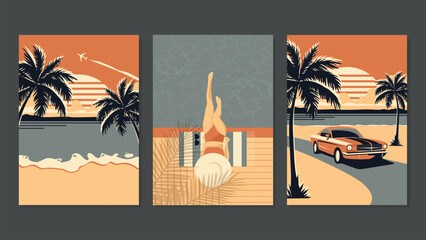 3 Summer Retro Posters With Beach. Resort Vacation Concept Covers. Girl Sitting by the pool, beach illustration, and retro cars. Vector