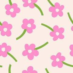 Abstract floral seamless pattern. Colorful botanical print. Groovy pink daisy flowers on a beige background. Vector illustration	