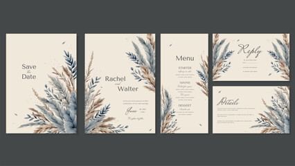 Wedding invitation templates with menus, RSVP postcards and Details. Postcards with watercolor painted grass, dry pampas grass in beige and blue tones. Rustic and boho style wedding. Vector © IVONINA