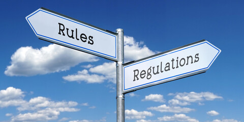 Fototapeta premium Rules and regulations - metal signpost with two arrows